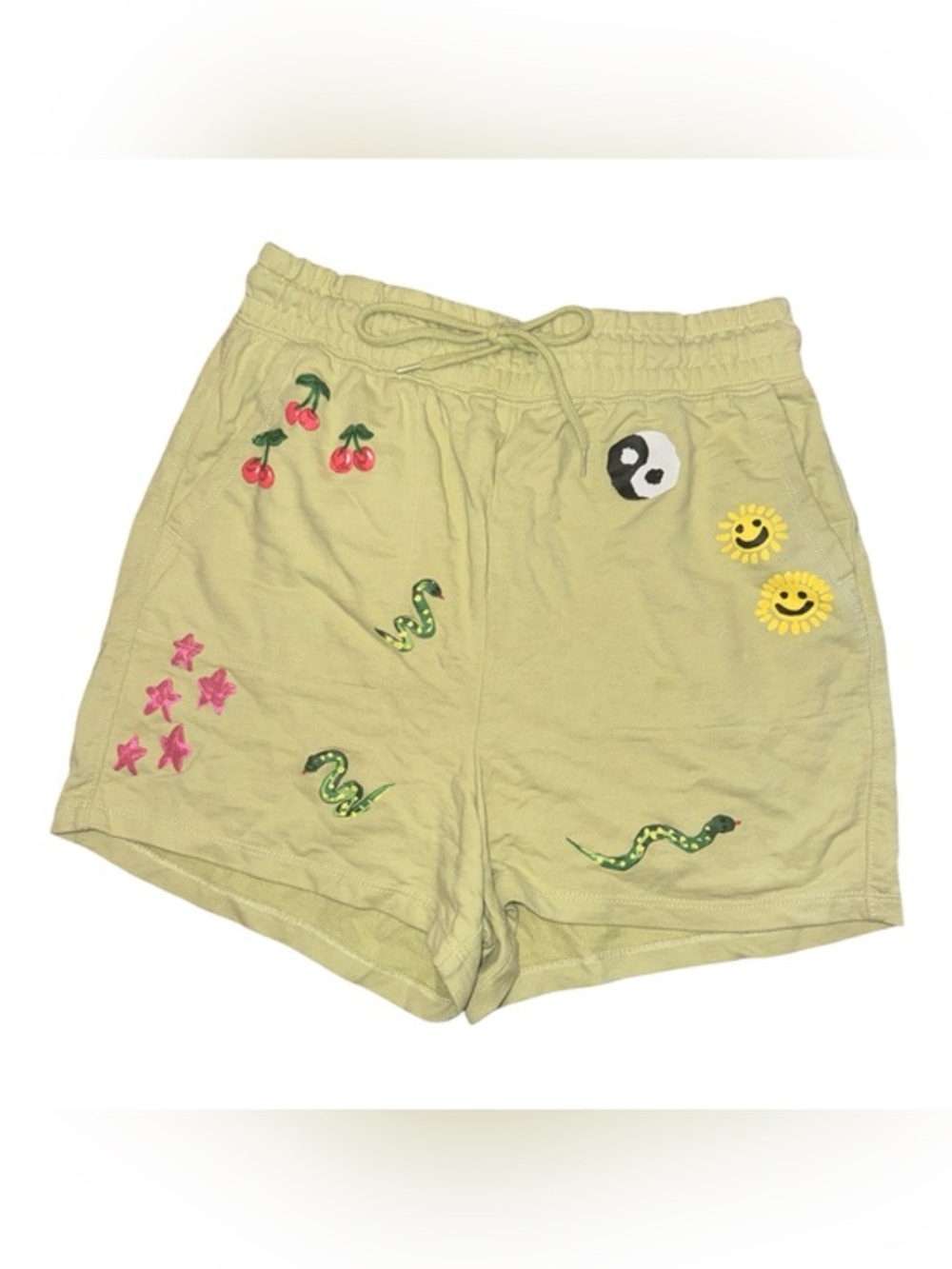 Light Olive Green Doodle Painting Shorts with Cherries Snakes Ying Yang & More